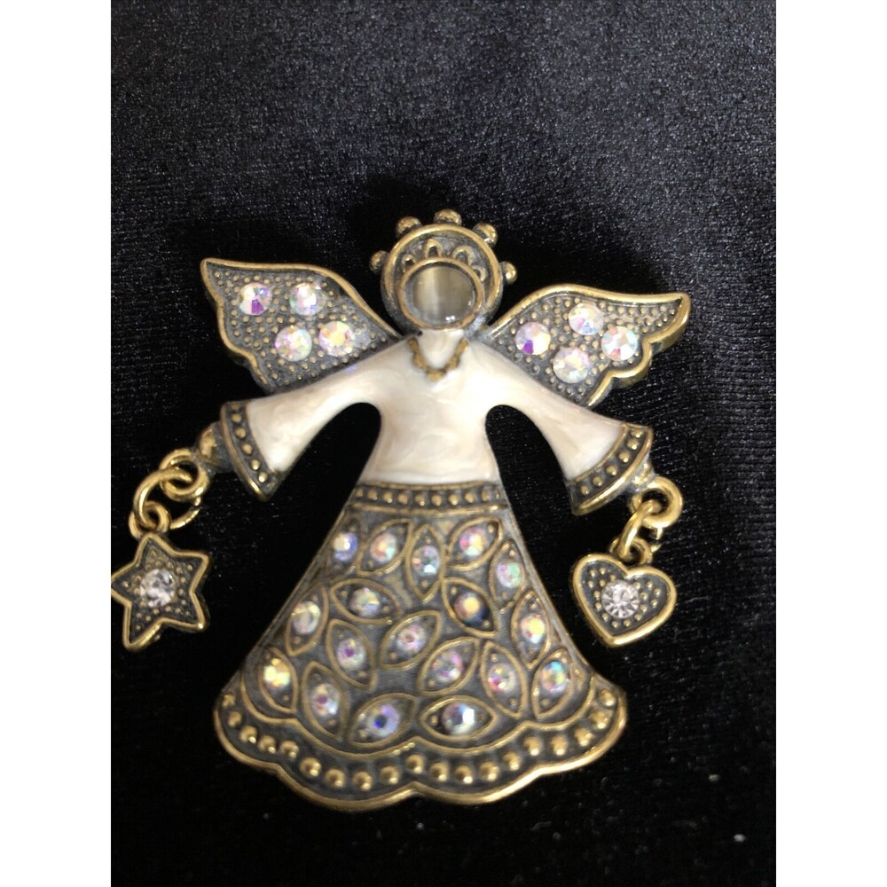 Vintage signed KC Enamel &  Rhinestone Angel With Charms Brooch Pin